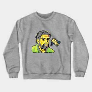 Drawing of a man with a beard saying why in yellow, green, black and gray, pop art style Crewneck Sweatshirt